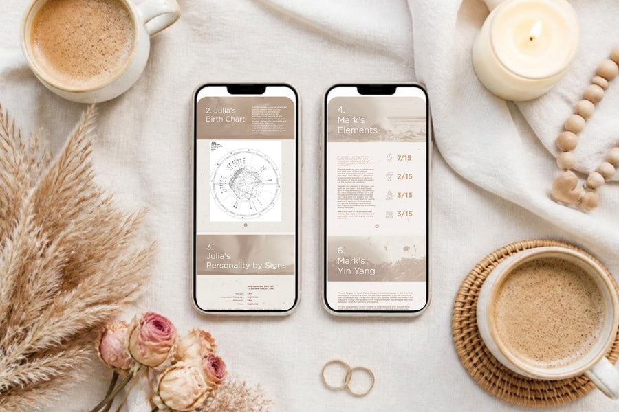 Two phones side by side, each showing a partner's personalized Guide from the Stars, with two coffees and a pair of rings